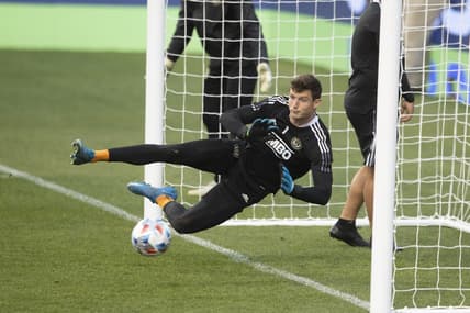 May 30, 2021; Chester, Pennsylvania, USA; Philadelphia Union goalkeeper Matt Freese (1) makes a save during warms up prior to the match against the Portland Timbers at Subaru Park. Mandatory Credit: Mitchell Leff-USA TODAY Sports