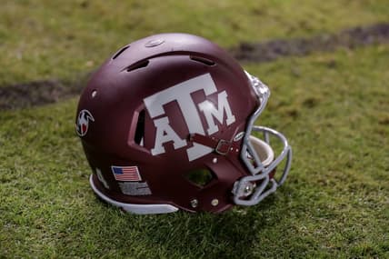 Nov 25, 2017; Baton Rouge, LA, USA; A Texas A&M Aggies helmet is seen on the ground during a game against the LSU Tigers at Tiger Stadium. Mandatory Credit: Stephen Lew-USA TODAY Sports