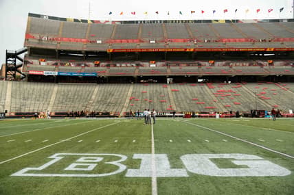 Sep 15, 2018; College Park, MD, USA; The official BIG 10 logo is painted on the grass at Capital One Field at Maryland Stadium. Mandatory Credit: Art Pittman-USA TODAY Sports