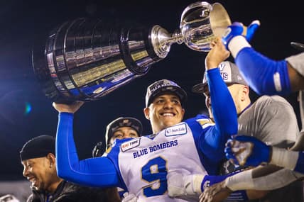 Nov 24, 2019; Calgary, Alberta, CAN; Winnipeg Blue Bombers kicker Justin Medlock (9) celebrates win over Hamilton Tiger-Cats during the 107th Grey Cup championship football game at McMahon Stadium. Mandatory Credit: Sergei Belski-USA TODAY Sports