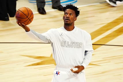 Feb 16, 2020; Chicago, Illinois, USA; Team Giannis forward Jimmy Butler of the Miami Heat warms up before the 2020 NBA All Star Game at United Center. Mandatory Credit: Quinn Harris-USA TODAY Sports