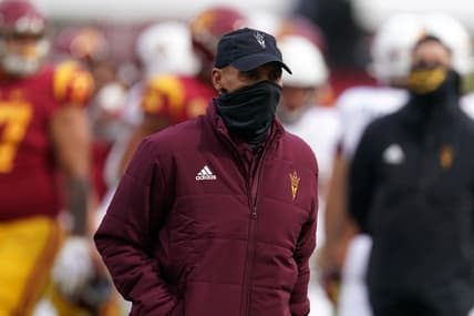 Nov 7, 2020;  Los Angeles CA, USA; Arizona State Sun Devils head coach Herm Edwards walks off the field after the game against the Southern California Trojans  at the Los Angeles Memorial Coliseum. USC defeated Arizona State 28-27.  Mandatory Credit: Kirby Lee-USA TODAY Sports