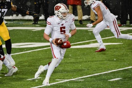 Dec 12, 2020; Iowa City, Iowa, USA; Wisconsin Badgers quarterback Graham Mertz (5) in action during the game against the Iowa Hawkeyes at Kinnick Stadium. Mandatory Credit: Jeffrey Becker-USA TODAY Sports