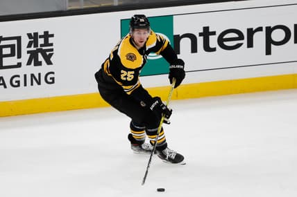 Mar 3, 2021; Boston, Massachusetts, USA; Boston Bruins defenseman Brandon Carlo (25) during the second period against the Washington Capitals at TD Garden. Mandatory Credit: Winslow Townson-USA TODAY Sports