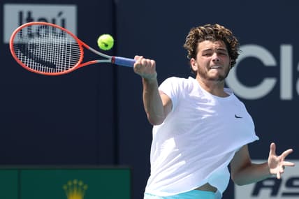 Mar 26, 2021; Miami, Florida, USA; Taylor Fritz of the United States hits a forehand against Marcos Giron of the United States (not pictured) in the second round in the Maimi Open at Hard Rock Stadium. Mandatory Credit: Geoff Burke-USA TODAY Sports