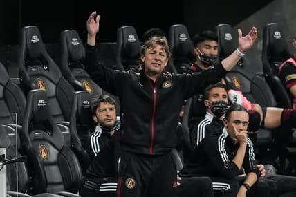 Apr 24, 2021; Atlanta, Georgia, USA; Atlanta United head coach Gabriel Heinze reacts on the sideline during the second half against the Chicago Fire at Mercedes-Benz Stadium. Mandatory Credit: Dale Zanine-USA TODAY Sports