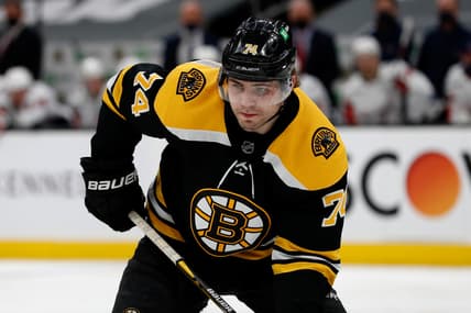 Apr 18, 2021; Boston, Massachusetts, USA; Boston Bruins left wing Jake DeBrusk (74) during the first period against the Washington Capitals at TD Garden. Mandatory Credit: Winslow Townson-USA TODAY Sports