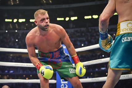 May 8, 2021; Arlington, Texas, USA; Boxer Billy Joe Saunders suffers a quadripod fracture to his orbital bone on a punch from Canelo Alvarez and loses on a technical knockout during a super middleweight boxing title fight at AT&T Stadium. Mandatory Credit: Jerome Miron-USA TODAY Sports