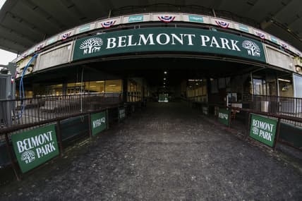 Jun 1, 2021; Elmont, New York, USA;  The paddock prior to the Tuesday morning workouts at Belmont Park. Mandatory Credit: Wendell Cruz-USA TODAY Sports