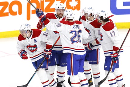 Jun 2, 2021; Winnipeg, Manitoba, CAN; Montreal Canadiens right wing Brendan Gallagher (11) celebrates his first period goal with teammates against the Winnipeg Jets in game one of the second round of the 2021 Stanley Cup Playoffs at Bell MTS Place. Mandatory Credit: James Carey Lauder-USA TODAY Sports