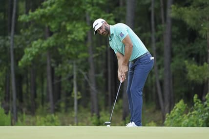 Jun 11, 2021; Ridgeland, South Carolina, USA; Dustin Johnson putts on the 10th green during the second round of the Palmetto Championship at Congaree golf tournament. Mandatory Credit: David Yeazell-USA TODAY Sports