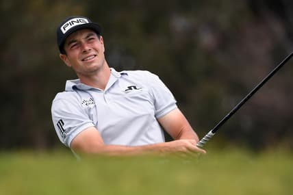 Jun 16, 2021; San Diego, California, USA; Viktor Hovland plays his shot from the 12th tee during a practice round of the U.S. Open golf tournament at Torrey Pines. Mandatory Credit: Orlando Ramirez-USA TODAY Sports