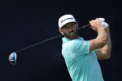 Jun 16, 2021; San Diego, California, USA; Dustin Johnson hits his tee shot on the 7th hole during a practice round of the U.S. Open golf tournament at Torrey Pines. Mandatory Credit: Michael Madrid-USA TODAY Sports
