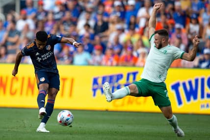 FC Cincinnati forward Brenner (9) shoots as Colorado Rapids defender Keegan Rosenberry (2) defends in the first half of the MLS match between FC Cincinnati and Colorado Rapids on Saturday, June 19, 2021, at TQL Stadium in West End.

Fc Cincinnati Colorado Rapids