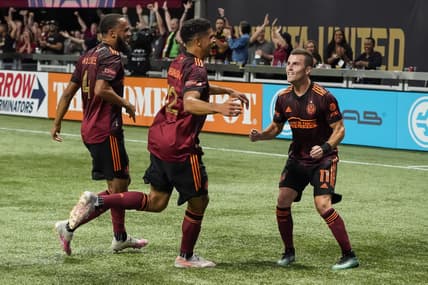 Jun 20, 2021; Atlanta, Georgia, USA; Atlanta United defenders Anton Walkes (4) Miles Robinson (12) and Brooks Lennon (11) react after Philadelphia Union scored an an own goal during the second half at Mercedes-Benz Stadium. Mandatory Credit: Dale Zanine-USA TODAY Sports