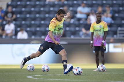 Jun 23, 2021; Chester, Pennsylvania, USA; Philadelphia Union midfielder Alejandro Bedoya (11) attempts a shot on goal prior to the match against the Columbus Crew at Subaru Park. Mandatory Credit: Mitchell Leff-USA TODAY Sports