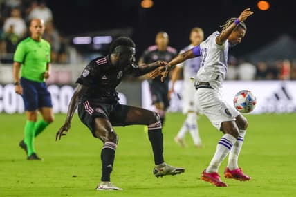 Jun 25, 2021; Fort Lauderdale, FL, USA; Orlando City SC forward Nani (17) protects the ball from Inter Miami CF midfielder Blaise Matuidi (8) during the first half at DRV PNK Stadium. Mandatory Credit: Sam Navarro-USA TODAY Sports