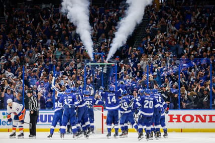 Jun 25, 2021; Tampa, Florida, USA; Tampa Bay Lightning celebrate after beating the New York Islanders 1-0 in game seven of the Stanley Cup Semifinals at Amalie Arena. Mandatory Credit: Nathan Ray Seebeck-USA TODAY Sports