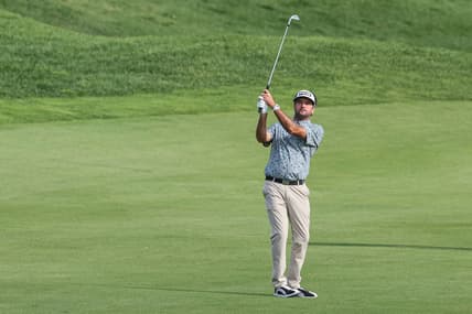 Jun 26, 2021; Cromwell, Connecticut, USA; Bubba Watson plays his shot from the 18th fairway during the third round of the Travelers Championship golf tournament. Mandatory Credit: Vincent Carchietta-USA TODAY Sports