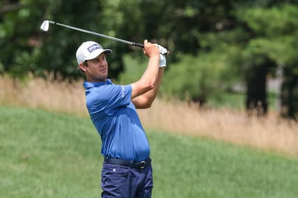 Jun 27, 2021; Cromwell, Connecticut, USA; Harris English plays his shot on the third hole during the final round of the Travelers Championship golf tournament. Mandatory Credit: Vincent Carchietta-USA TODAY Sports