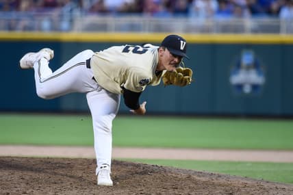 Jun 28, 2021; Omaha, Nebraska, USA;  Vanderbilt Commodores starting pitcher Jack Leiter (22) pitches in the fifth inning against the Mississippi St. Bulldogs at TD Ameritrade Park. Mandatory Credit: Steven Branscombe-USA TODAY Sports