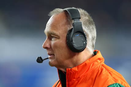 Dec 27, 2018; Bronx, NY, USA; Miami Hurricanes head coach Mark Richt looks on against the Wisconsin Badgers during the second quarter in the 2018 Pinstripe Bowl at Yankee Stadium. Mandatory Credit: Rich Barnes-USA TODAY Sports
