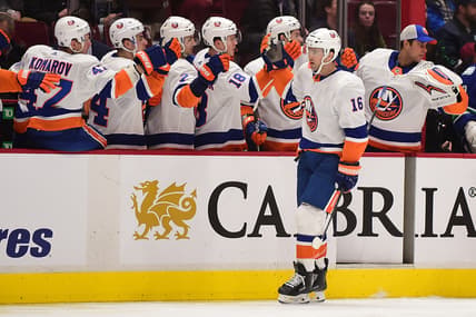 Mar 10, 2020; Vancouver, British Columbia, CAN;  New York Islanders forward Andrew Ladd (16) celebrates his goal against Vancouver Canucks goaltender Thatcher Demko (35) (not pictured) during the first period at Rogers Arena. Mandatory Credit: Anne-Marie Sorvin-USA TODAY Sports