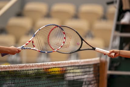 Oct 3, 2020; Paris, France; Players touch rackets after the Irina Bara (ROU) and Sofia Kenin (USA) match on day seven at Stade Roland Garros. Mandatory Credit: Susan Mullane-USA TODAY Sports