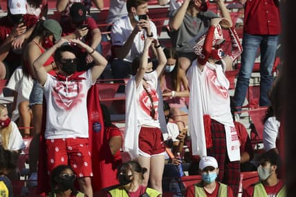 Nov 7, 2020; Norman, Oklahoma, USA; Oklahoma Sooners fans cheer during the first half against the Kansas Jayhawks  at Gaylord Family-Oklahoma Memorial Stadium. Mandatory Credit: Kevin Jairaj-USA TODAY Sports
