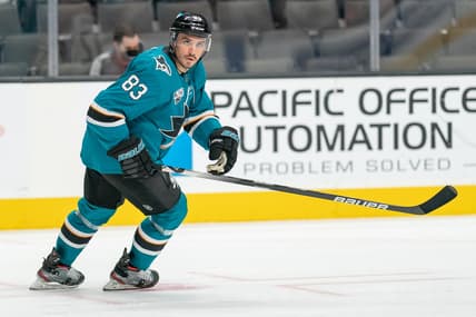 Mar 3, 2021; San Jose, California, USA;  San Jose Sharks defenseman Christian Jaros (83) watches the puck during the third period against the Colorado Avalanche at SAP Center at San Jose. Mandatory Credit: Stan Szeto-USA TODAY Sports
