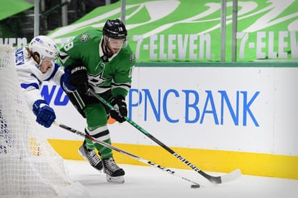 Mar 25, 2021; Dallas, Texas, USA; Dallas Stars center Jason Dickinson (18) in action during the game between the Dallas Stars and the Tampa Bay Lightning at the American Airlines Center. Mandatory Credit: Jerome Miron-USA TODAY Sports