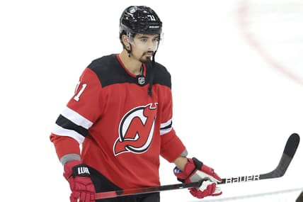 Apr 13, 2021; Newark, New Jersey, USA; New Jersey Devils defenseman Jonas Siegenthaler (71) skates during warm ups before a game against the New York Rangers at Prudential Center. Mandatory Credit: Vincent Carchietta-USA TODAY Sports
