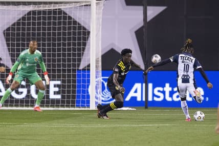 Apr 28, 2021; Columbus, Ohio, USA; CF Monterrey forward Ake Loba (10) puts a shot past Columbus Crew SC defender Aboubacar Keita (30) and goalkeeper Eloy Room (1) for a goal in the first half at Historic Crew Stadium. Mandatory Credit: Greg Bartram-USA TODAY Sports