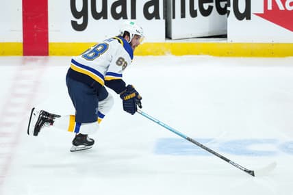 Apr 28, 2021; Saint Paul, Minnesota, USA; St. Louis Blues left wing Mike Hoffman (68) skates with the puck against the Minnesota Wild in the third period at Xcel Energy Center. Mandatory Credit: David Berding-USA TODAY Sports
