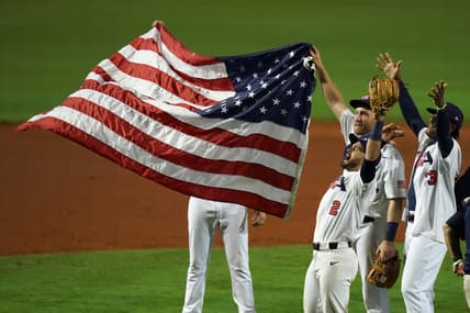 USA players celebrate after defeating Venezuela in the Super Round of the WBSC Baseball Americas Qualifier series game at Clover Park and qualifying for the Olympic Games in Tokyo Japan. Mandatory Credit: Jasen Vinlove-USA TODAY Sports