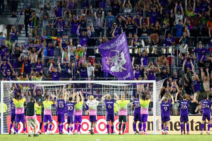 June 22, 2021; Orlando, Florida, USA; Orlando City celebrates with the fans after beating San Jose Earthquakes 5-0 at Orlando City Stadium. Mandatory Credit: Nathan Ray Seebeck-USA TODAY Sports