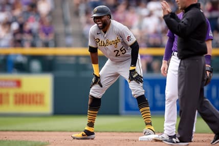 Jun 28, 2021; Denver, Colorado, USA; Pittsburgh Pirates right fielder Gregory Polanco (25) reacts after stealing second base in the fifth inning against the Colorado Rockies at Coors Field. Mandatory Credit: Isaiah J. Downing-USA TODAY Sports