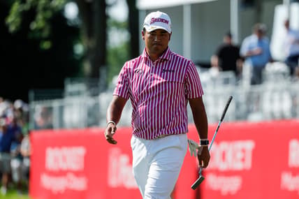 Hideki Matsuyama reacts after putting the 17th during the first round of Rocket Mortgage Classic at the Detroit Golf Club in Detroit, Thursday, July 1, 2021.