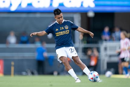 June 26, 2021; San Jose, California, USA; Los Angeles Galaxy midfielder Efrain Alvarez (26) before the match against the San Jose Earthquakes at PayPal Park. Mandatory Credit: Kyle Terada-USA TODAY Sports