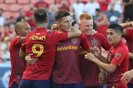 Jul 7, 2021; Sandy, Utah, CAN; Real Salt Lake players react to a goal scored by Real Salt Lake midfielder Damir Kreilach (8) during the first half against the Vancouver Whitecaps] at Rio Tinto Stadium. Mandatory Credit: Rob Gray-USA TODAY Sports