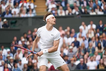 Jul 9, 2021; London, United Kingdom; Denis Shapovalov (CAN) seen playing against Novak Djokovic (SRB) in the men   s semi final match at All England Lawn Tennis and Croquet Club. Mandatory Credit: Peter van den Berg-USA TODAY Sports