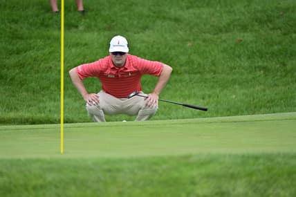 Jul 9, 2021; Silvis, Illinois, USA; Zach Johnson lines up a shot on the 17th hole during the second round of the John Deere Classic golf tournament. Mandatory Credit: Marc Lebryk-USA TODAY Sports