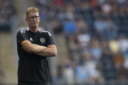 Jul 17, 2021; Chester, Pennsylvania, USA; Philadelphia Union head coach Jim Curtin looks on in the first half against D.C. United at Subaru Park. Mandatory Credit: Mitchell Leff-USA TODAY Sports