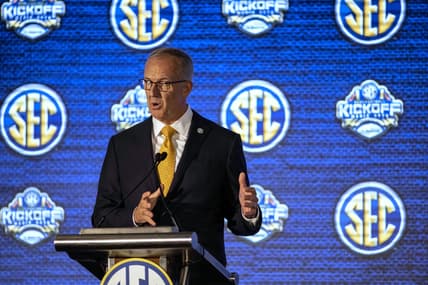 Jul 19, 2021; Hoover, Alabama, USA; SEC commissioner Greg Sankey speaks to the media during SEC Media Days at Hyatt Regency Birmingham. Mandatory Credit: Vasha Hunt-USA TODAY Sports