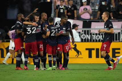 Jul 21, 2021; Fort Lauderdale, FL, USA; New England Revolution midfielder Arnor Ingvi Traustason (25) celebrates with teammates after scoring a goal against Inter Miami CF during the first half at DRV PNK Stadium. Mandatory Credit: Jasen Vinlove-USA TODAY Sports