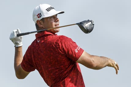 Jul 24, 2021; Blaine, Minnesota, USA; Gary Woodland hits from the 18th tee during the third round of the 3M Open golf tournament. Mandatory Credit: Bruce Kluckhohn-USA TODAY Sports