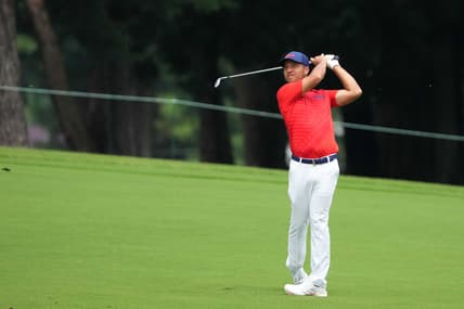 Jul 30, 2021; Tokyo, Japan; Xander Schauffele (USA) hits on the third hole during round two of the men's individual stroke play of the Tokyo 2020 Olympic Summer Games at Kasumigaseki Country Club. Mandatory Credit: Kyle Terada-USA TODAY Sports
