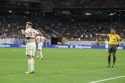 Jun 29, 2019; Houston, TX, USA; Canada defender Marcus Godinho (23) reacts after being called for a foul against Haiti which resulted in a penalty kick during the second half during quarterfinal play in the CONCACAF Gold Cup soccer tournament at NRG Stadium. Mandatory Credit: John Glaser-USA TODAY Sports