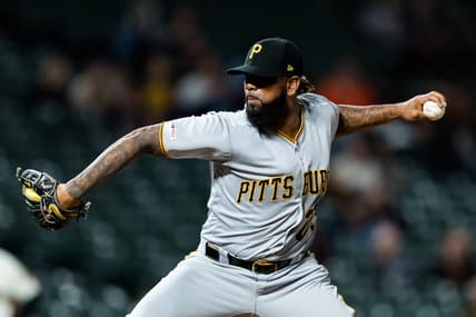 Sep 11, 2019; San Francisco, CA, USA; Pittsburgh Pirates closing pitcher Felipe Vazquez (73) throws against the San Francisco Giants in the ninth inning at Oracle Park. Mandatory Credit: John Hefti-USA TODAY Sports