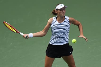 Sep 4, 2020; Flushing Meadows, New York, USA; Varvara Gracheva of Russia hits a forehand against Petra Martic of Croatia (not pictured) on day five of the 2020 U.S. Open tennis tournament at USTA Billie Jean King National Tennis Center. Mandatory Credit: Danielle Parhizkaran-USA TODAY Sports